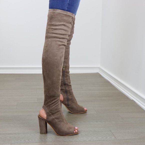 Suede Thigh High Peep Toe & Heel Chunky Heel Boot - Picture 6 of 8